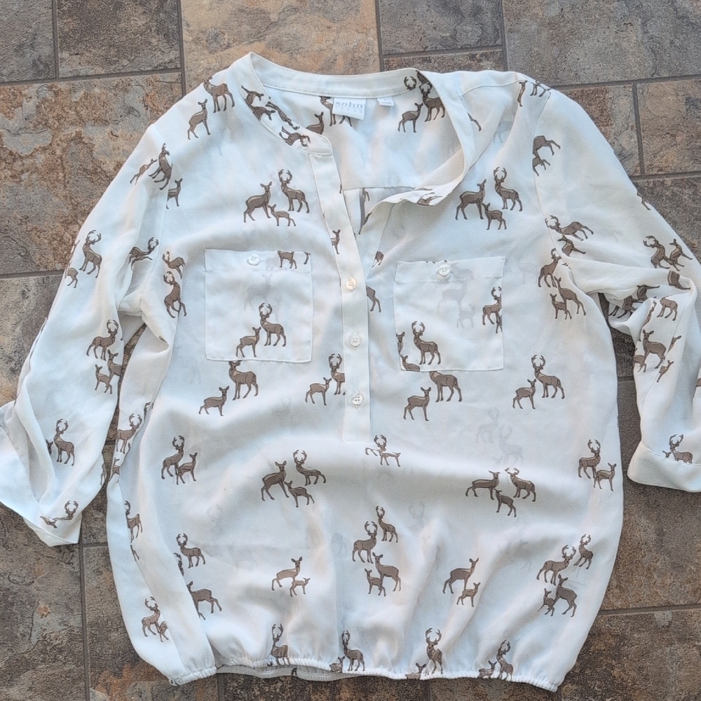 New York & Company White Blouse with Animal Print